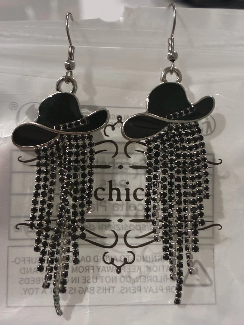 Chic Black Cowboy Hat Fringe Rhinestone Drop Earrings